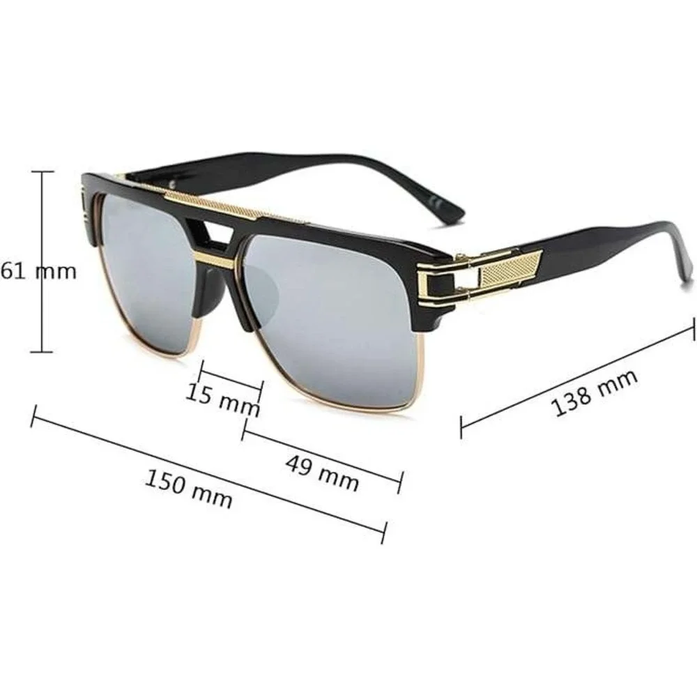 Designer Sunglasses Oversized Square Flat Top Gold Accent Blue Lens Retro Vintag